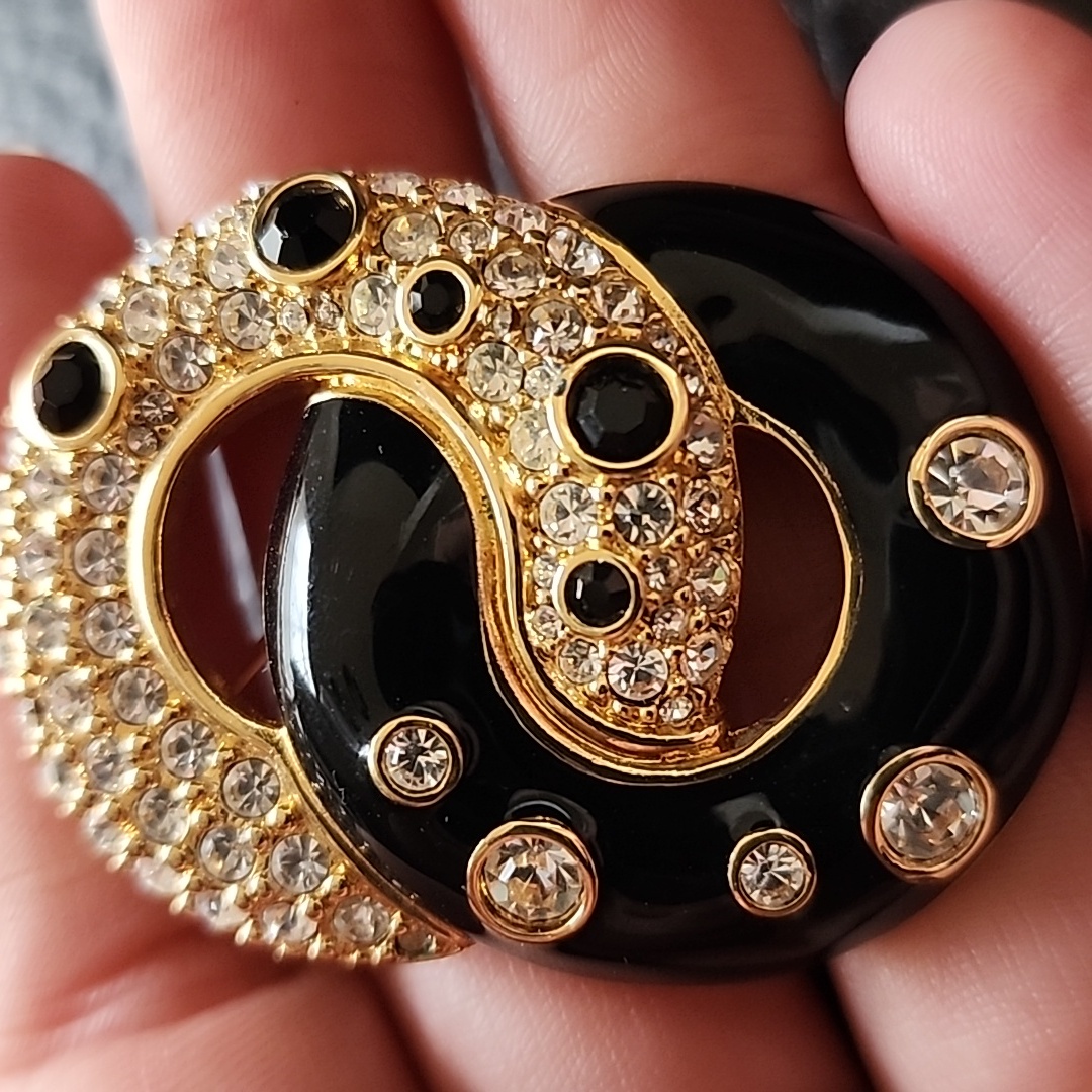 Gold And Black Crystal Swarovski Swirl Women’s Brooch
